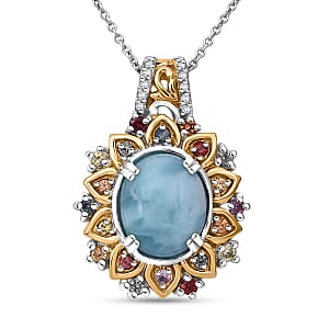 Doorbuster D'Joy Larimar and Multi Gemstone 5.65 ctw Pendant Necklace in 18K Vermeil YG and Rhodium Over Sterling Silver 20 Inches