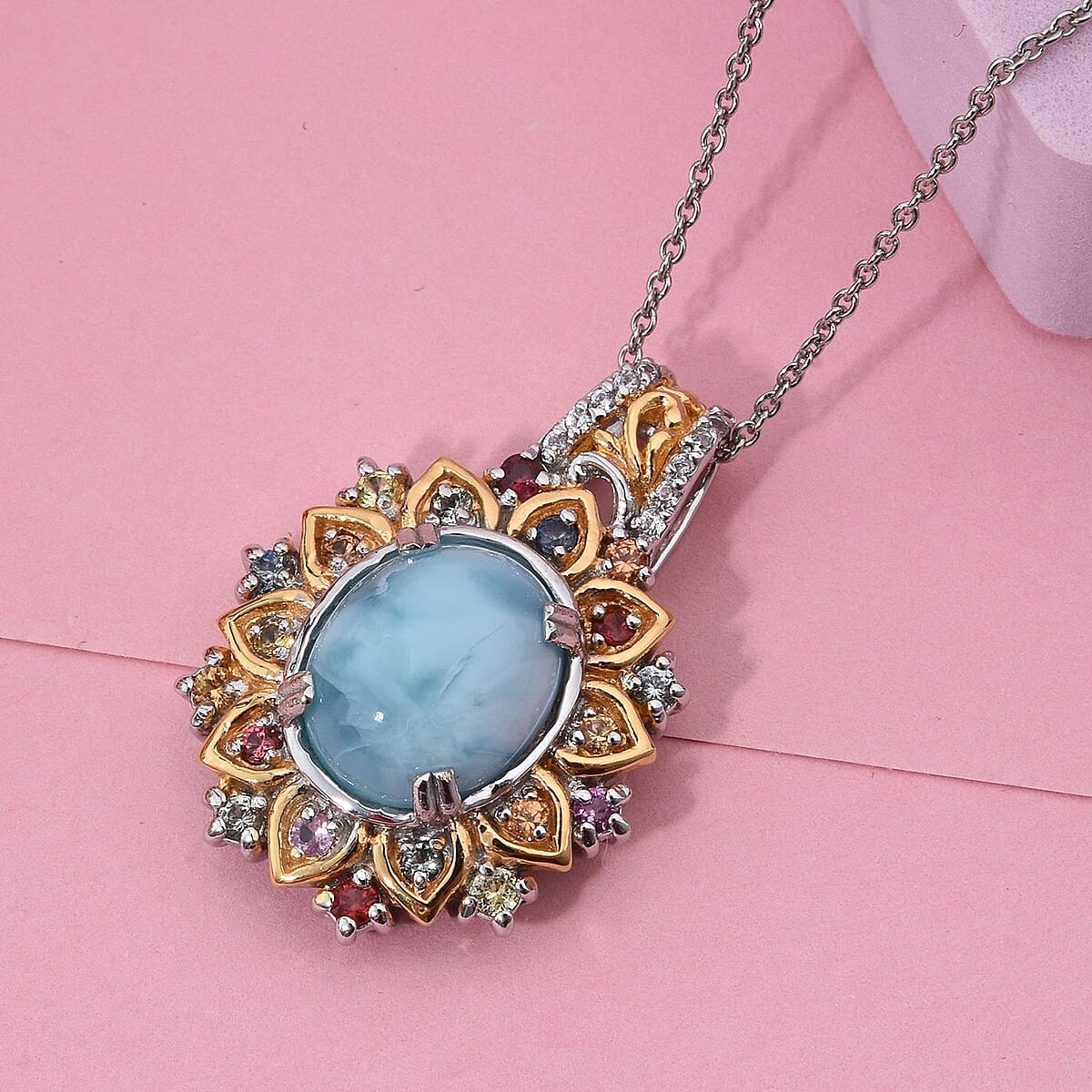 Doorbuster D'Joy Larimar and Multi Gemstone 5.65 ctw Pendant Necklace in 18K Vermeil YG and Rhodium Over Sterling Silver 20 Inches image number 1