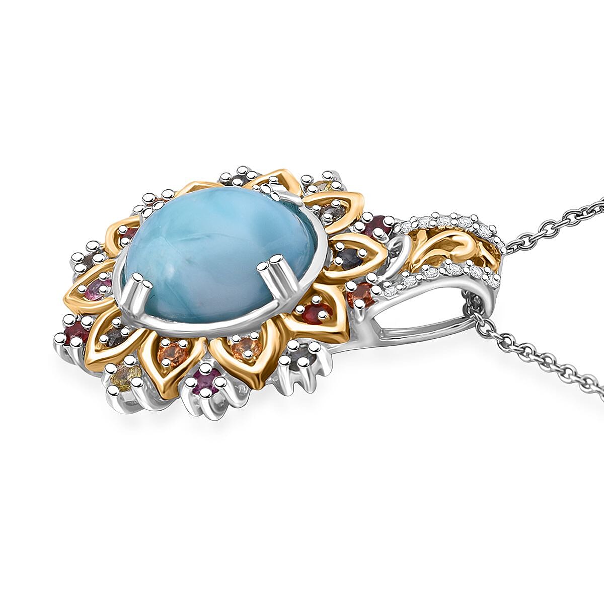 Doorbuster D'Joy Larimar and Multi Gemstone 5.65 ctw Pendant Necklace in 18K Vermeil YG and Rhodium Over Sterling Silver 20 Inches image number 3