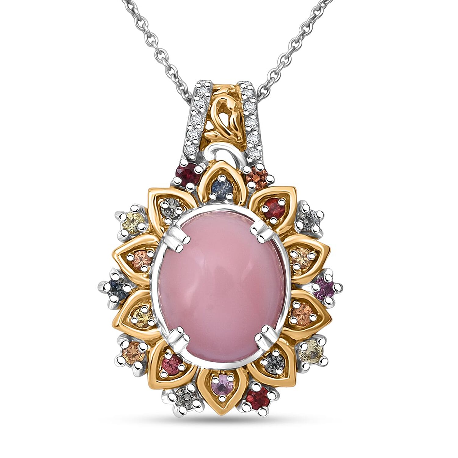 D'Joy Pink Opal, Multi Gemstone Moonflower Pendant Necklace in 18K Vermeil YG and Rhodium Over Sterling Silver 5.15 ctw (20 Inch