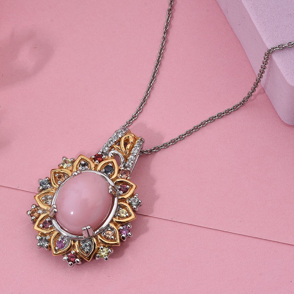 Doorbuster D'Joy Pink Opal and Multi Gemstone 5.15 ctw Pendant Necklace in 18K Vermeil YG and Rhodium Over Sterling Silver 20 Inches  image number 1