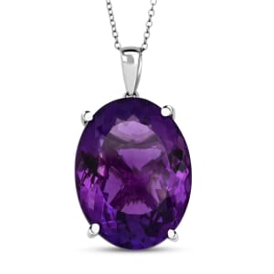 D'Joy Premium African Amethyst Solitaire Pendant Necklace (20 Inches) in Rhodium Over Sterling Silver 50.00 ctw