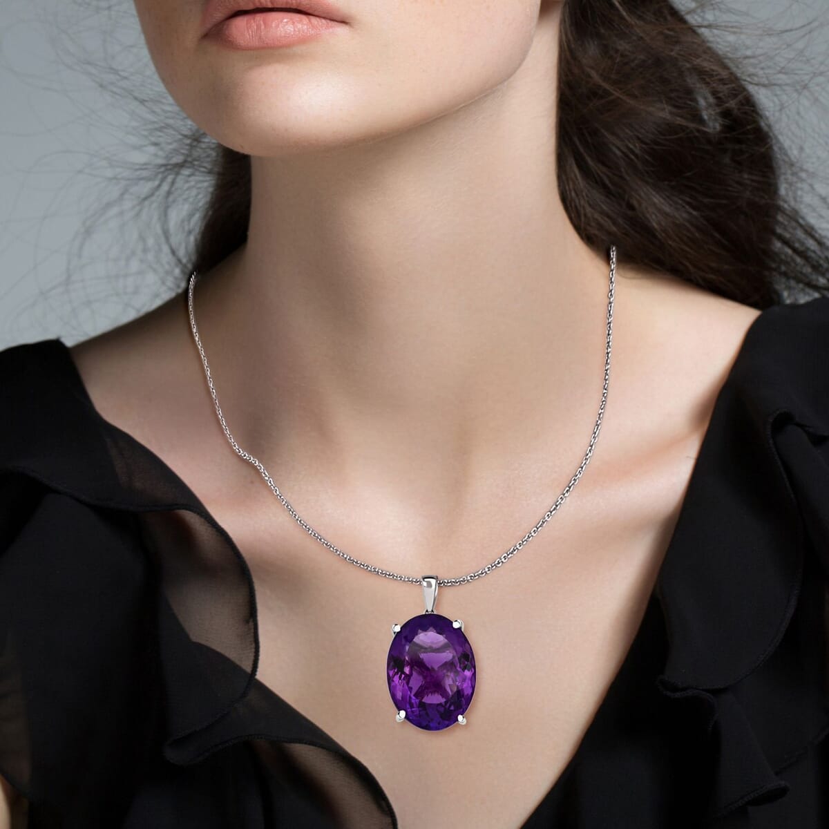 D'Joy Premium African Amethyst 50 ctw Solitaire Pendant Necklace 20 Inches in Rhodium Over Sterling Silver image number 2