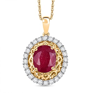 D'Joy African Ruby (FF) and White Zircon 4.20 ctw Pendant Necklace in 18K Vermeil Yellow Gold Over Sterling Silver 18 Inches 