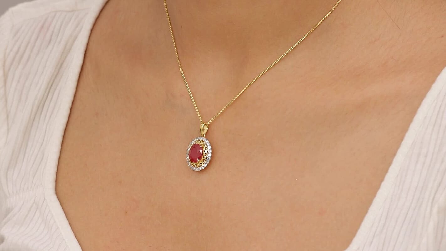 D'Joy African Ruby (FF) and White Zircon 4.20 ctw Pendant Necklace in 18K Vermeil Yellow Gold Over Sterling Silver 18 Inches