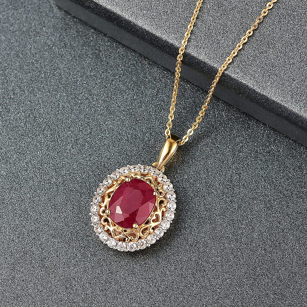 D'Joy African Ruby (FF) and White Zircon 4.20 ctw Pendant Necklace in 18K Vermeil Yellow Gold Over Sterling Silver 18 Inches  image number 1