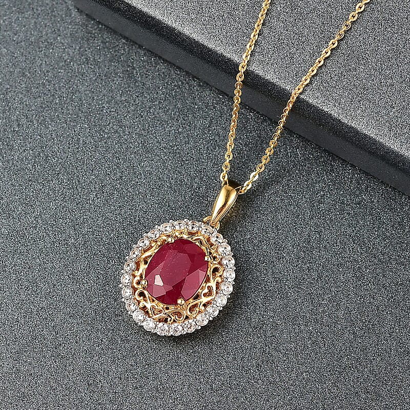 D'Joy African Ruby (FF) and White Zircon 4.20 ctw Pendant Necklace in 18K Vermeil Yellow Gold Over Sterling Silver 18 Inches 