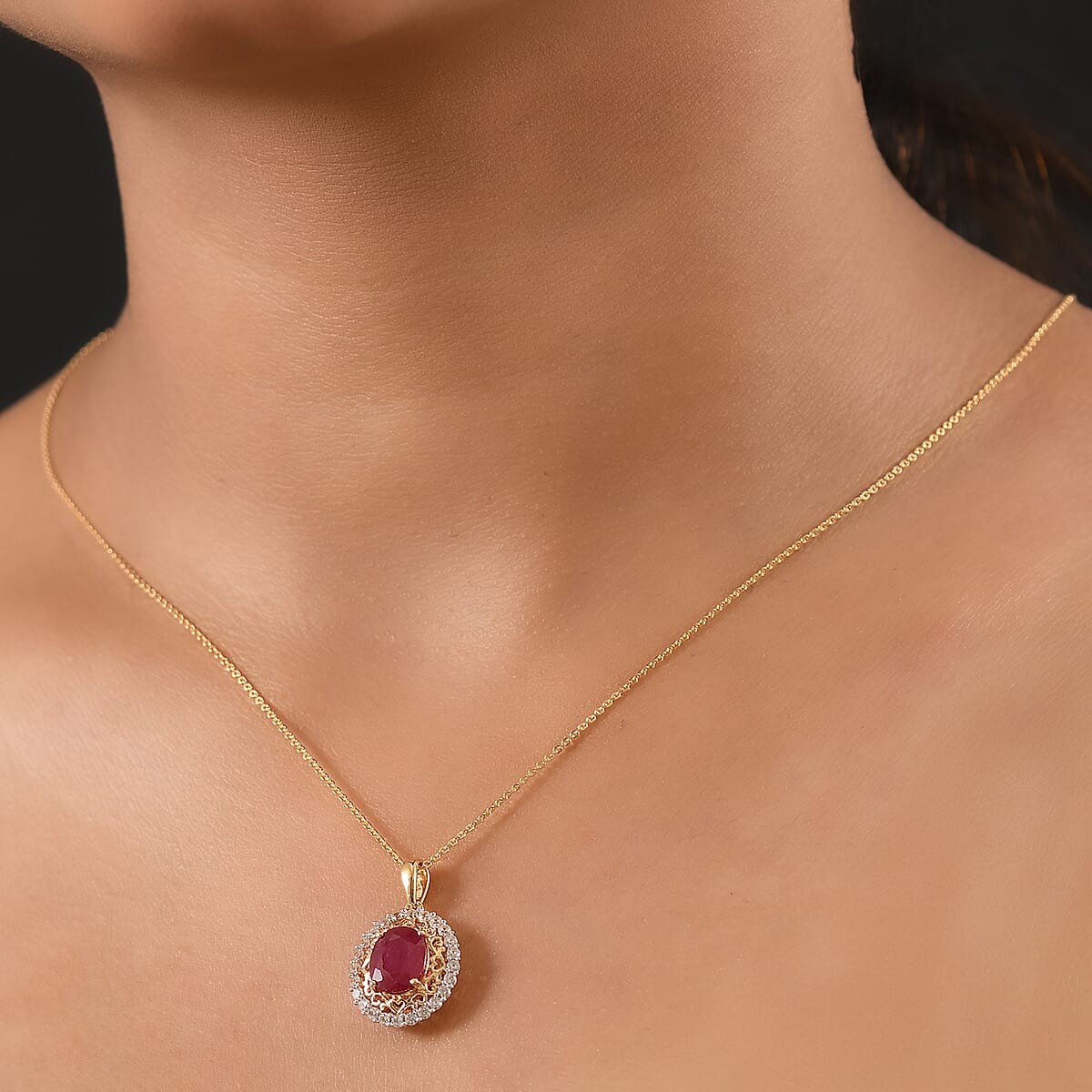 D'Joy African Ruby (FF) and White Zircon 4.20 ctw Pendant Necklace in 18K Vermeil Yellow Gold Over Sterling Silver 18 Inches  image number 2