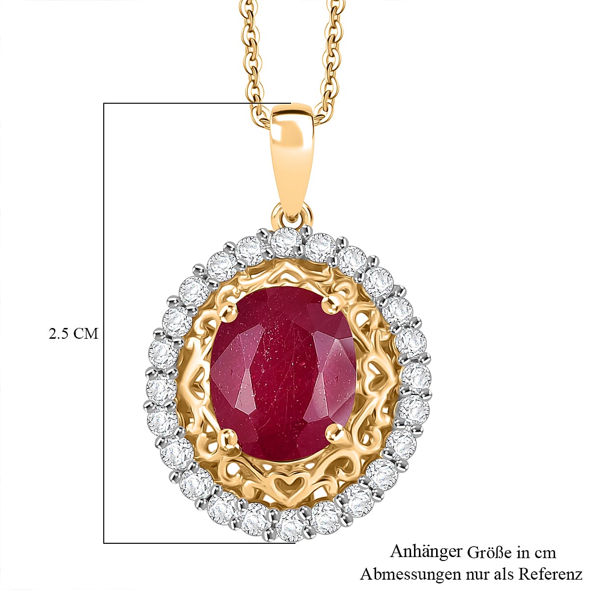 D'Joy African Ruby (FF) and White Zircon 4.20 ctw Pendant Necklace in 18K Vermeil Yellow Gold Over Sterling Silver 18 Inches 