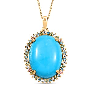 Premium Sleeping Beauty Turquoise and SI Luxuriant Lab Grown Multi Diamond 13.90 ctw Royal Bloom Fire Pendant Necklace in 18K Vermeil Yellow Gold Over Sterling Silver 20 Inches