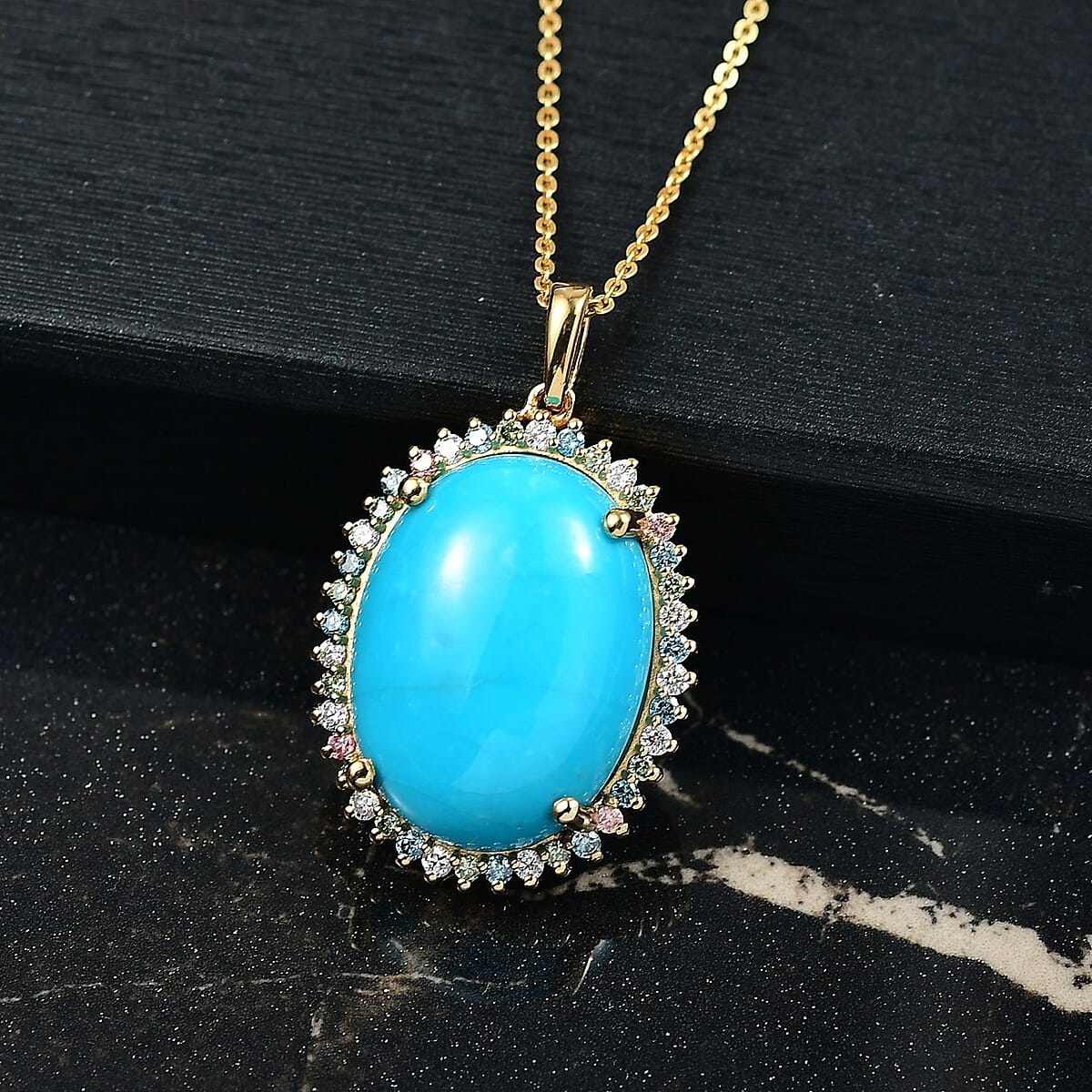 Premium Sleeping Beauty Turquoise and SI Luxuriant Lab Grown Multi Diamond 13.90 ctw Royal Bloom Fire Pendant Necklace in 18K Vermeil Yellow Gold Over Sterling Silver 20 Inches image number 1