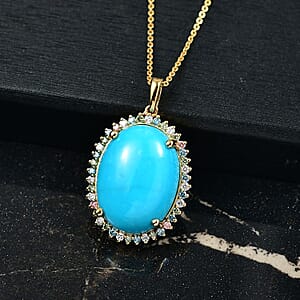 Sleeping Beauty Turquoise, Lab Grown Multi Diamond Pendant Necklace in 18K Vermeil YG Over Sterling Silver 13.90 ctw (20 Inches)