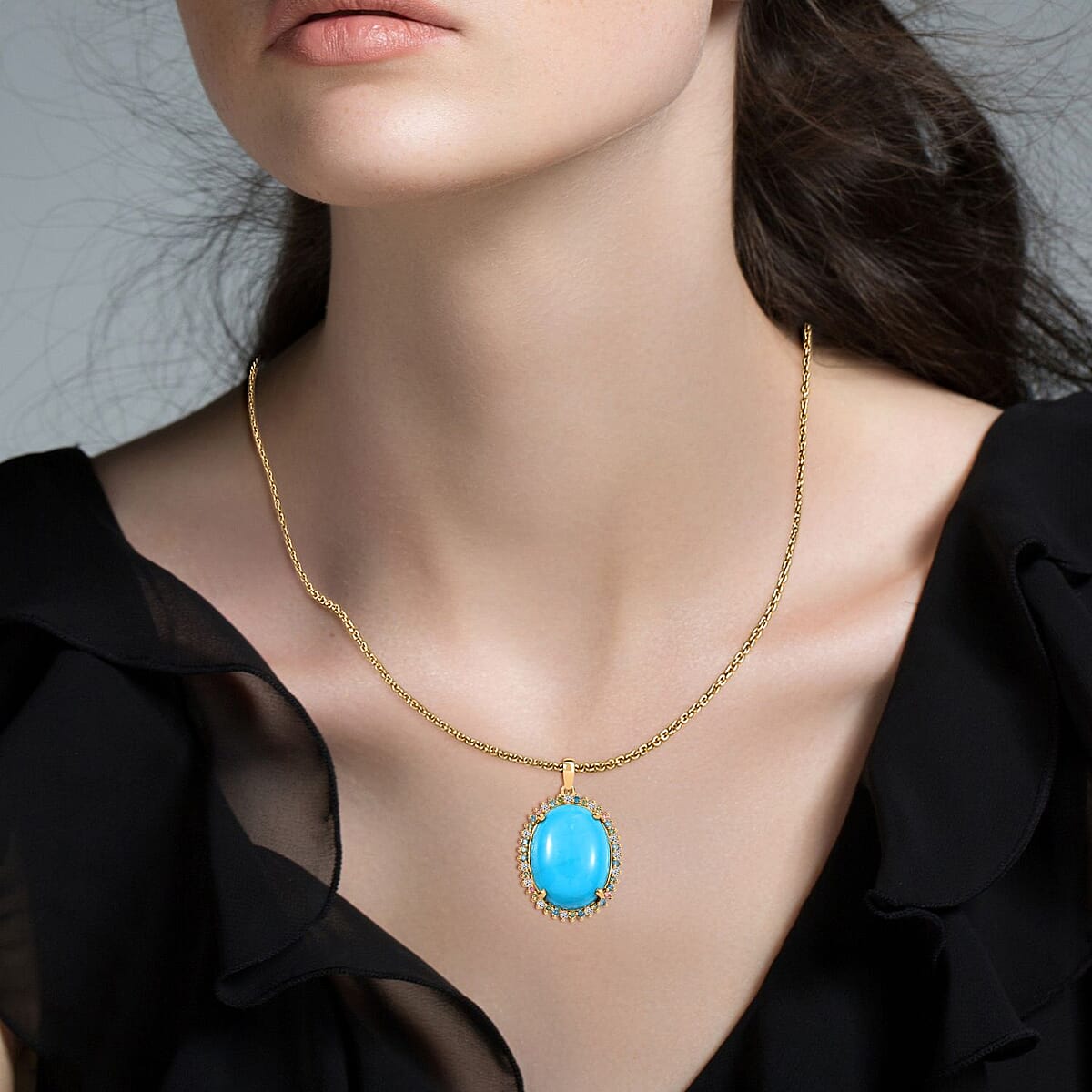 Premium Sleeping Beauty Turquoise and SI Luxuriant Lab Grown Multi Diamond 13.90 ctw Royal Bloom Fire Pendant Necklace in 18K Vermeil Yellow Gold Over Sterling Silver 20 Inches image number 2
