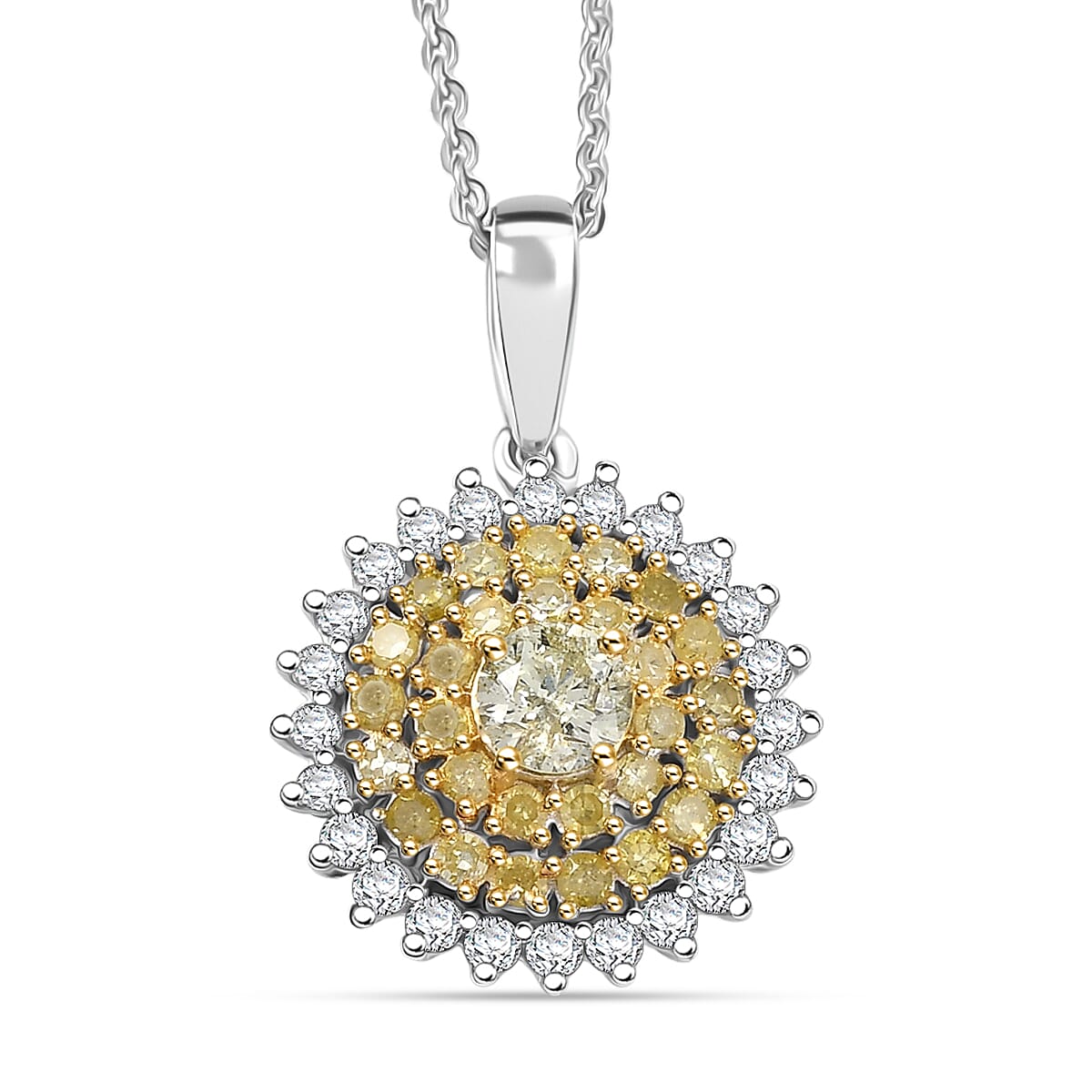 D'Joy Natural Yellow and White Diamond I2-I3 1.00 ctw Blooming Floral Pendant Necklace 20 Inches in Rhodium Over Sterling Silver  image number 0