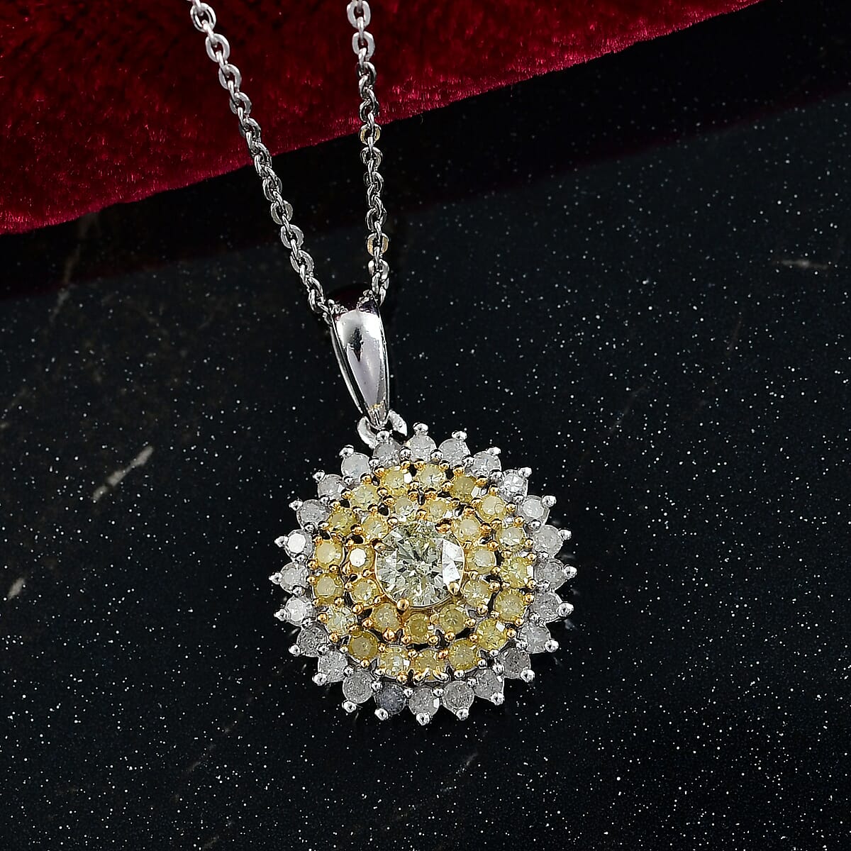 D'Joy Natural Yellow and White Diamond I2-I3 1.00 ctw Blooming Floral Pendant Necklace 20 Inches in Rhodium Over Sterling Silver  image number 1