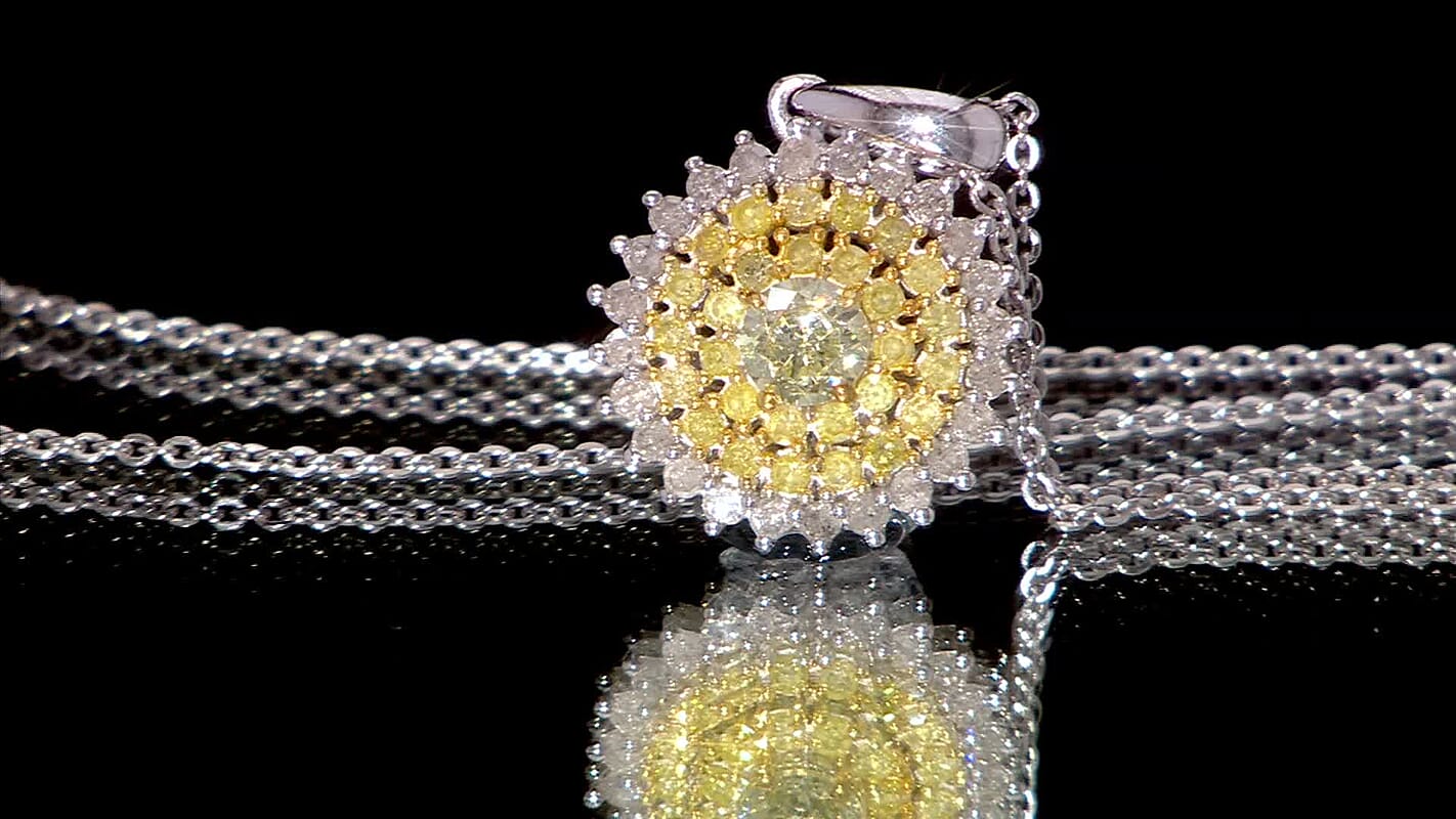 D'Joy Natural Yellow and White Diamond I2-I3 1.00 ctw Blooming Floral Pendant Necklace 20 Inches in Rhodium Over Sterling Silver