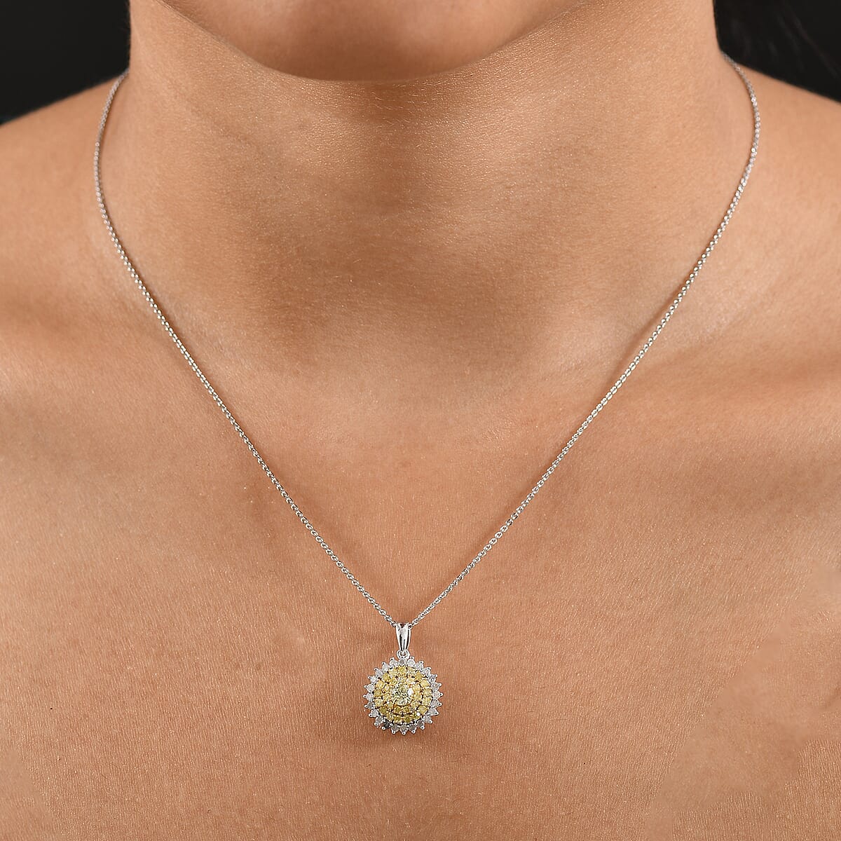 D'Joy Natural Yellow and White Diamond I2-I3 1.00 ctw Blooming Floral Pendant Necklace 20 Inches in Rhodium Over Sterling Silver  image number 2