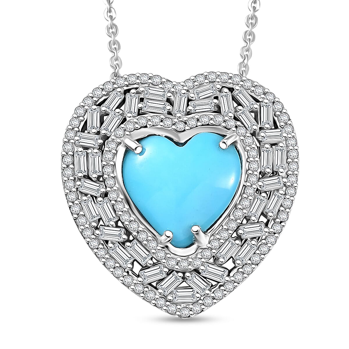 D'Joy Sleeping Beauty Turquoise and Moissanite 3.25 ctw Heart Pendant Necklace in Rhodium Over Sterling Silver 20 Inches image number 0