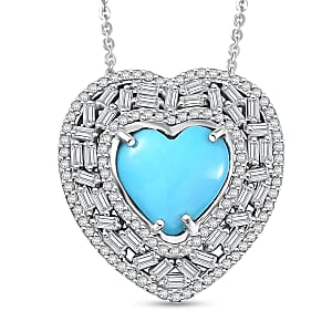 D'Joy Sleeping Beauty Turquoise and Moissanite 3.25 ctw Heart Pendant Necklace in Rhodium Over Sterling Silver 20 Inches