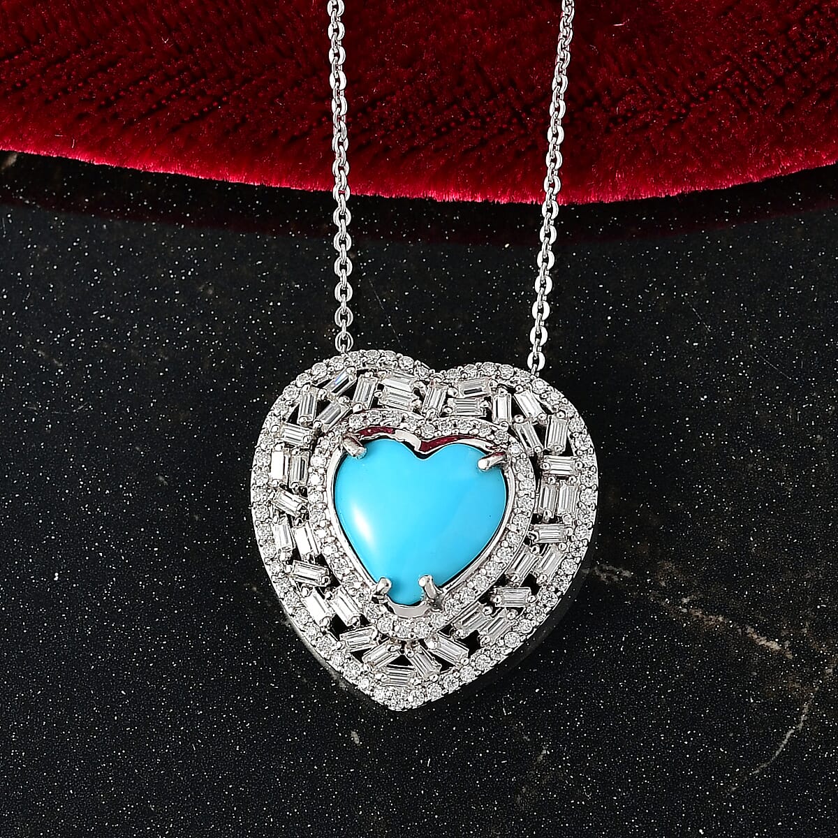 D'Joy Sleeping Beauty Turquoise and Moissanite 3.25 ctw Heart Pendant Necklace in Rhodium Over Sterling Silver 20 Inches image number 1