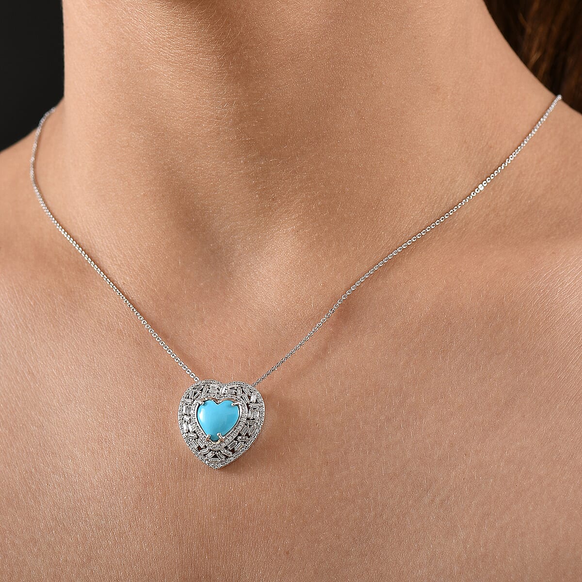 D'Joy Sleeping Beauty Turquoise and Moissanite 3.25 ctw Heart Pendant Necklace in Rhodium Over Sterling Silver 20 Inches image number 2