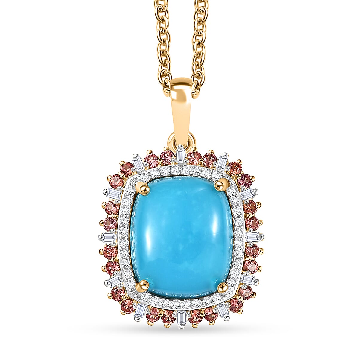 Luxoro Premium Sleeping Beauty Turquoise and Padparadscha Sapphire and Diamond 5.30 ctw Sunset Empress Pendant Necklace in 10K Yellow Gold 20 Inches image number 0