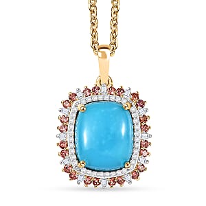 Luxoro Premium Sleeping Beauty Turquoise and Padparadscha Sapphire and Diamond 5.30 ctw Sunset Empress Pendant Necklace in 10K Yellow Gold 20 Inches