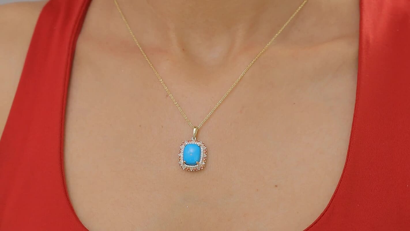 Luxoro Premium Sleeping Beauty Turquoise and Padparadscha Sapphire and Diamond 5.30 ctw Sunset Empress Pendant Necklace in 10K Yellow Gold 20 Inches