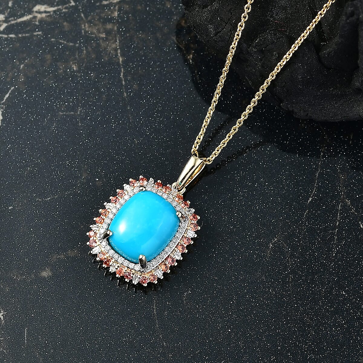 Luxoro Premium Sleeping Beauty Turquoise and Padparadscha Sapphire and Diamond 5.30 ctw Sunset Empress Pendant Necklace in 10K Yellow Gold 20 Inches image number 1