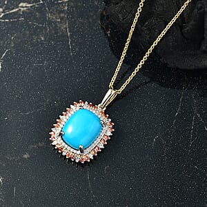 Luxoro Premium Sleeping Beauty Turquoise and Padparadscha Sapphire and Diamond 5.30 ctw Sunset Empress Pendant Necklace in 10K Yellow Gold 20 Inches