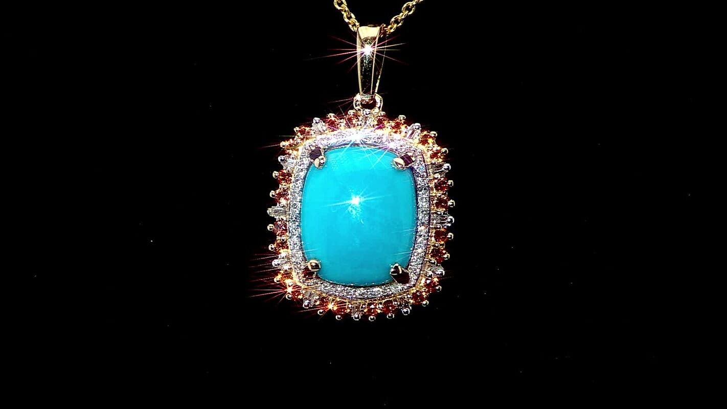 Luxoro Premium Sleeping Beauty Turquoise and Padparadscha Sapphire and Diamond 5.30 ctw Sunset Empress Pendant Necklace in 10K Yellow Gold 20 Inches