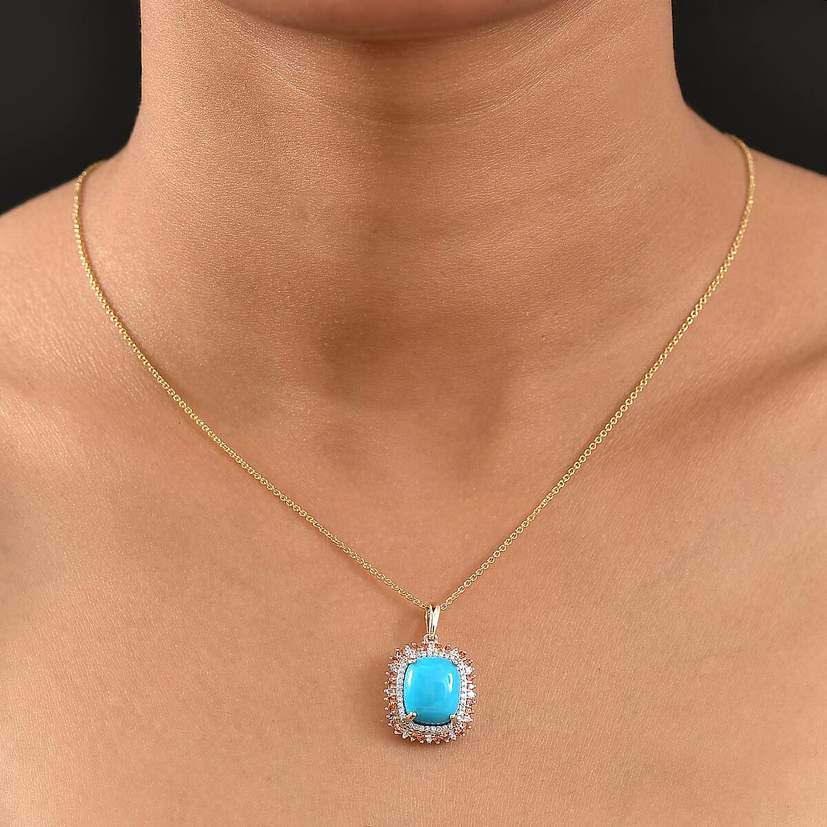 Luxoro Premium Sleeping Beauty Turquoise and Padparadscha Sapphire and Diamond 5.30 ctw Sunset Empress Pendant Necklace in 10K Yellow Gold 20 Inches image number 2