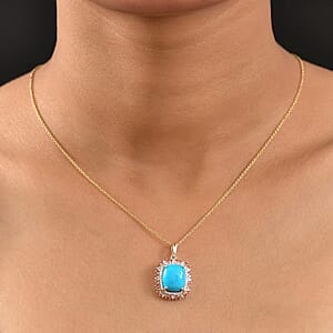 Luxoro Premium Sleeping Beauty Turquoise and Padparadscha Sapphire and Diamond 5.30 ctw Sunset Empress Pendant Necklace in 10K Yellow Gold 20 Inches