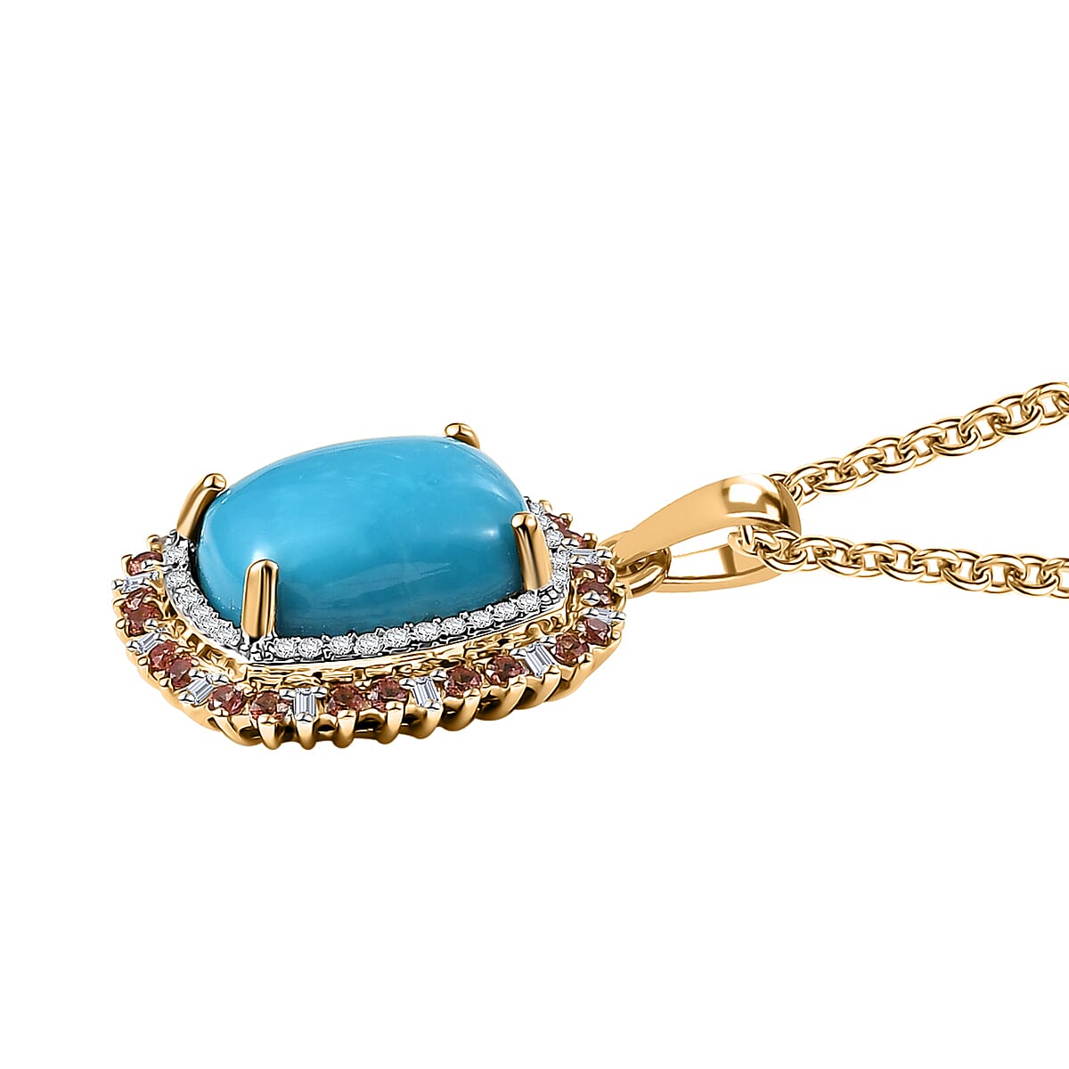 Luxoro Premium Sleeping Beauty Turquoise and Padparadscha Sapphire and Diamond 5.30 ctw Sunset Empress Pendant Necklace in 10K Yellow Gold 20 Inches image number 3