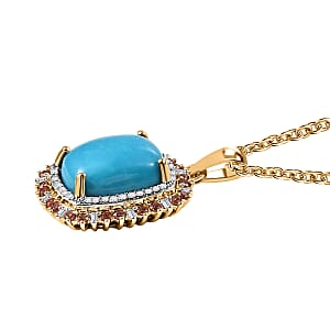 Luxoro Premium Sleeping Beauty Turquoise and Padparadscha Sapphire and Diamond 5.30 ctw Sunset Empress Pendant Necklace in 10K Yellow Gold 20 Inches