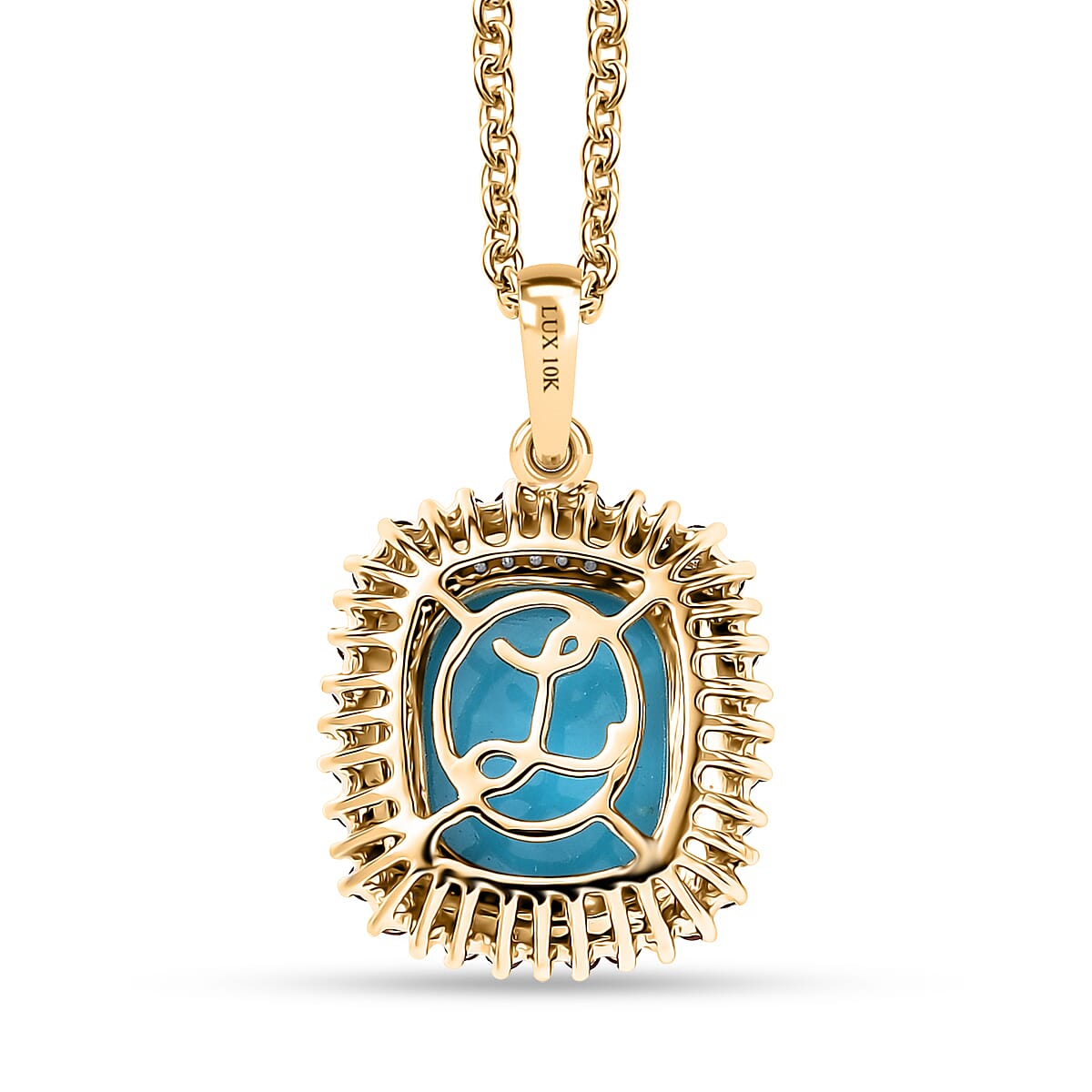 Luxoro Premium Sleeping Beauty Turquoise and Padparadscha Sapphire and Diamond 5.30 ctw Sunset Empress Pendant Necklace in 10K Yellow Gold 20 Inches image number 4