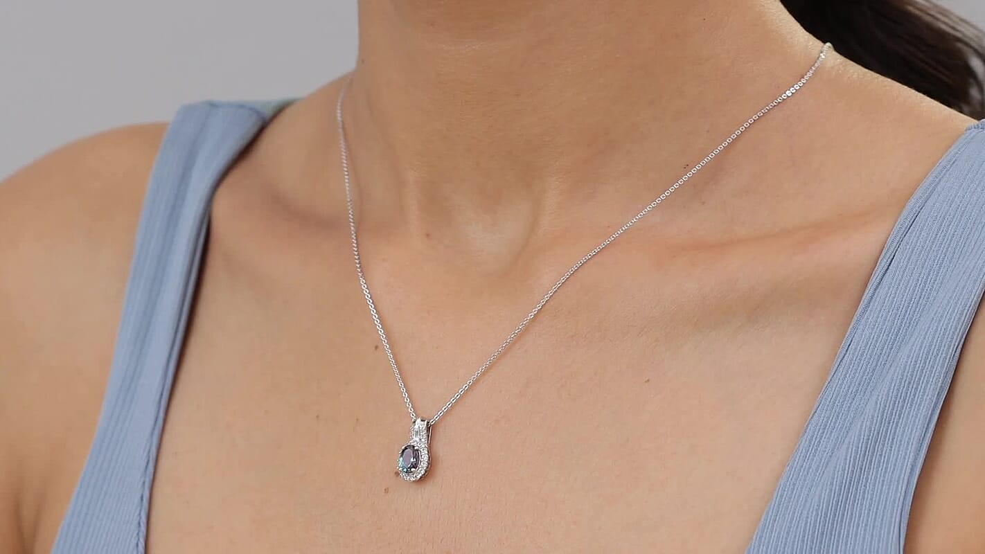 Luxuriant AAA Lab Grown Alexandrite and White Zircon 1.60 ctw Midnight Whisper Pendant Necklace in Rhodium Over Sterling Silver 20 Inches