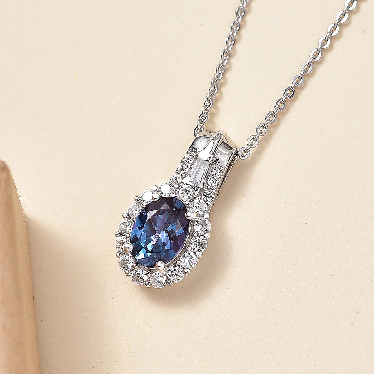 Luxuriant Lab Grown Alexandrite and White Zirocn 1.60 ctw Pendant Necklace in Rhodium Over Sterling Silver 20 Inches image number 1