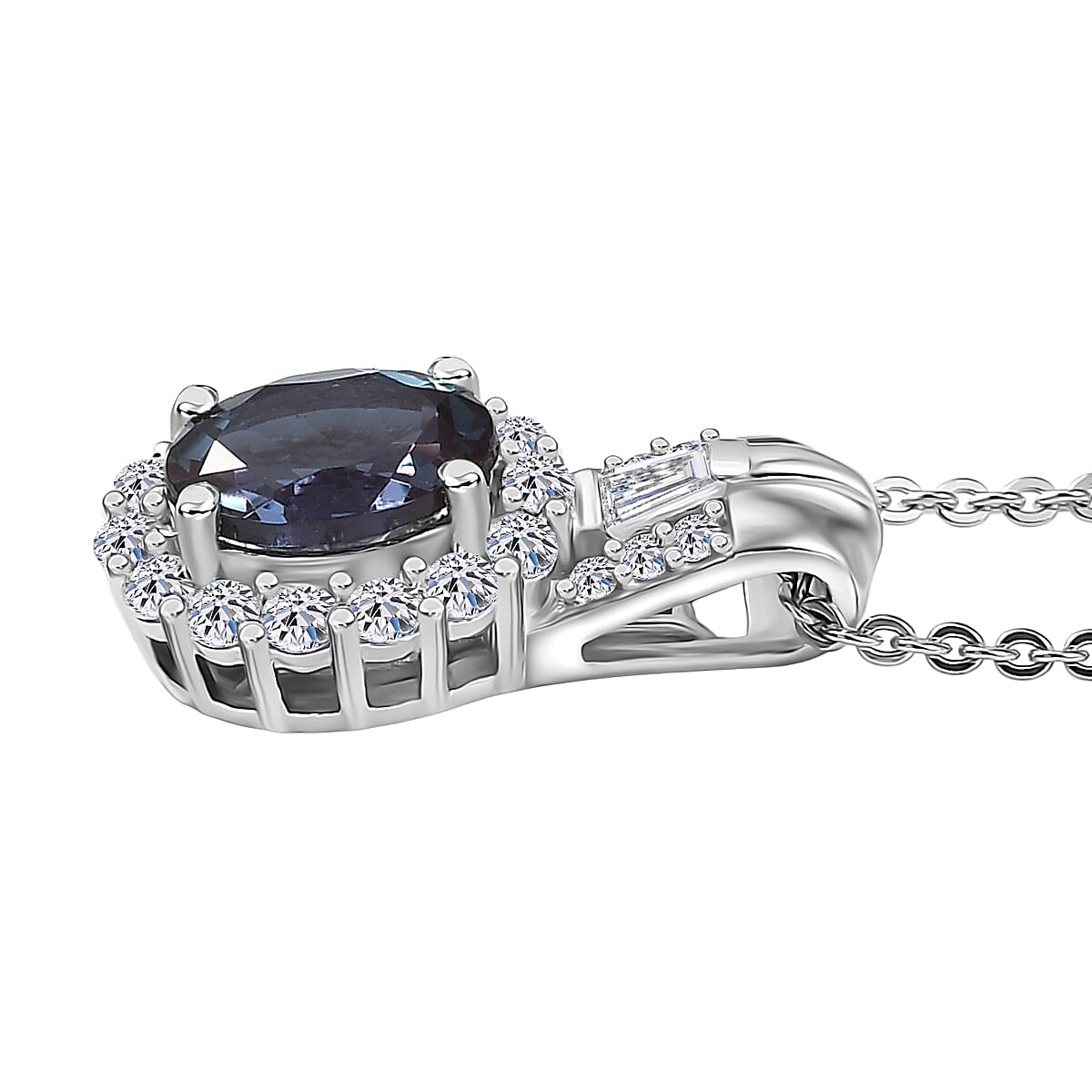 Luxuriant Lab Grown Alexandrite and White Zirocn 1.60 ctw Pendant Necklace in Rhodium Over Sterling Silver 20 Inches image number 3