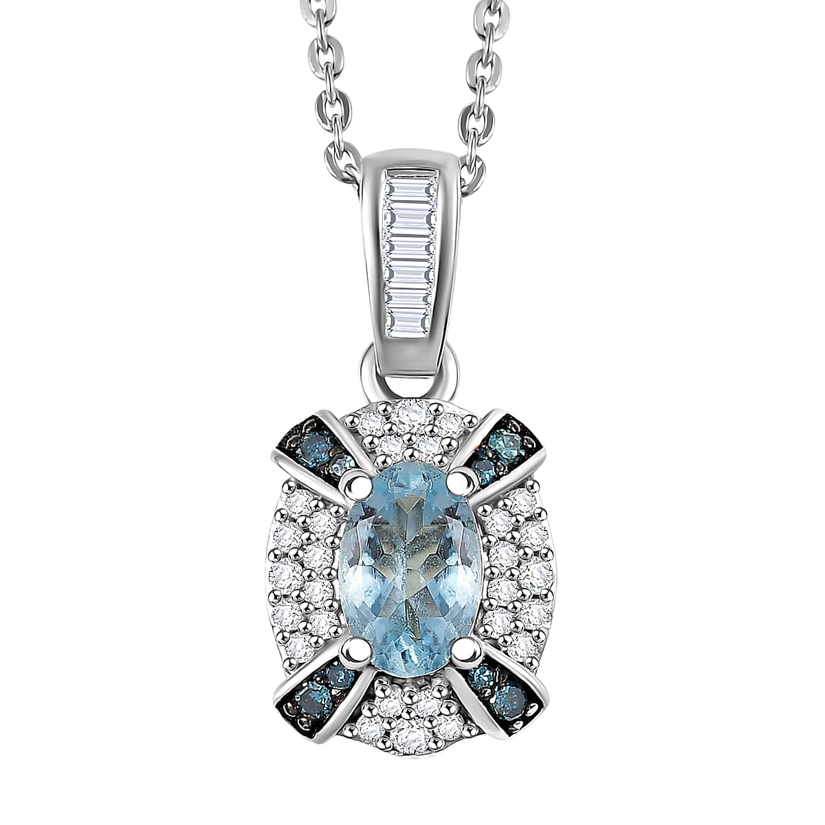 D'Joy Santa Maria Aquamarine, Blue and White Diamond 0.70 ctw Ocean Bloom Pendant Necklace in Rhodium Over Sterling Silver 20 Inches image number 0