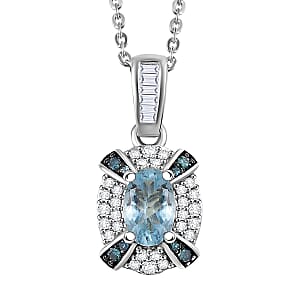D'Joy Santa Maria Aquamarine, Blue and White Diamond 0.70 ctw Ocean Bloom Pendant Necklace in Rhodium Over Sterling Silver 20 Inches