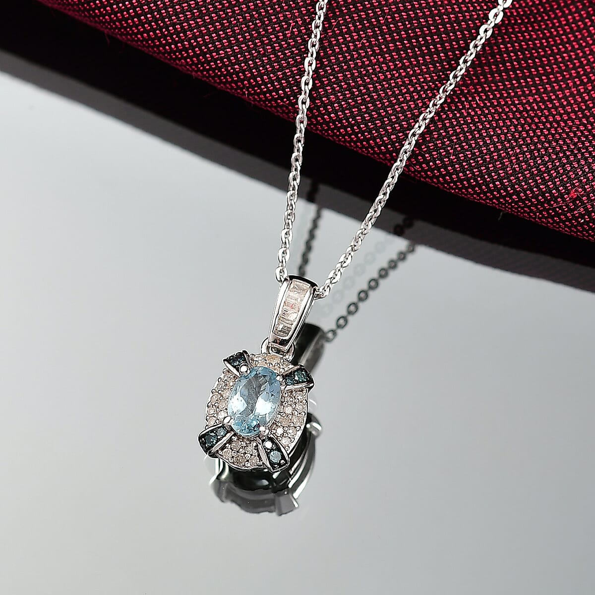 D'Joy Santa Maria Aquamarine, Blue and White Diamond 0.70 ctw Ocean Bloom Pendant Necklace in Rhodium Over Sterling Silver 20 Inches image number 1