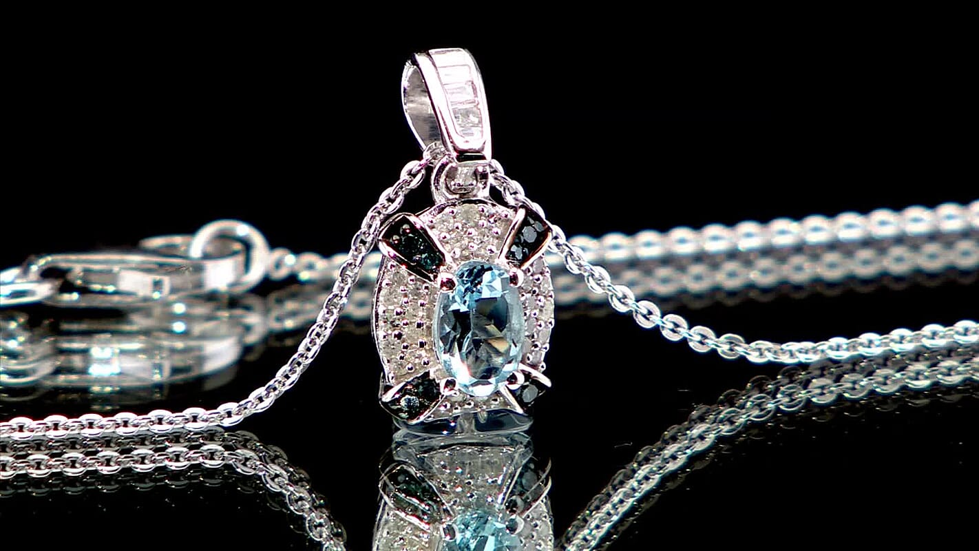 D'Joy Santa Maria Aquamarine, Blue and White Diamond 0.70 ctw Ocean Bloom Pendant Necklace in Rhodium Over Sterling Silver 20 Inches