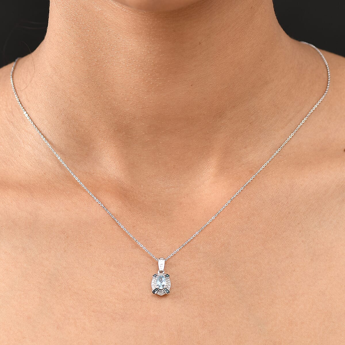 D'Joy Santa Maria Aquamarine, Blue and White Diamond 0.70 ctw Ocean Bloom Pendant Necklace in Rhodium Over Sterling Silver 20 Inches image number 2