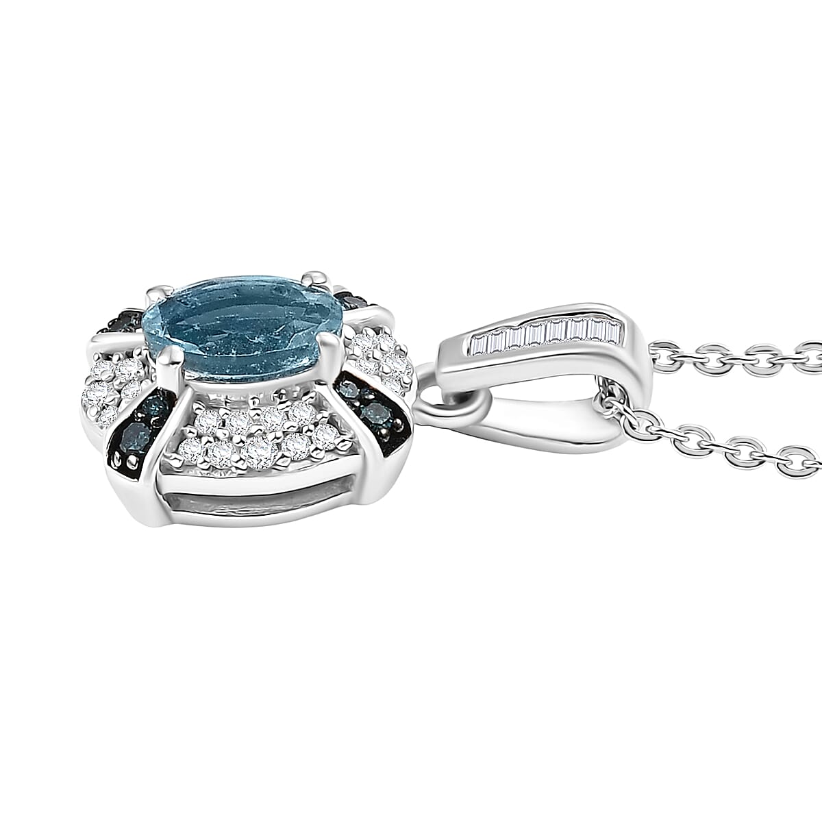 D'Joy Santa Maria Aquamarine, Blue and White Diamond 0.70 ctw Ocean Bloom Pendant Necklace in Rhodium Over Sterling Silver 20 Inches image number 3