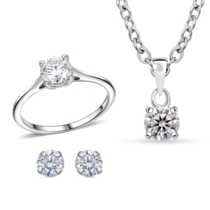 D'Joy Moissanite Solitaire Stud Earrings, Ring (Size 5.0) and Pendant Necklace (20 Inches) in Rhodium Over Sterling Silver 2.10 ctw