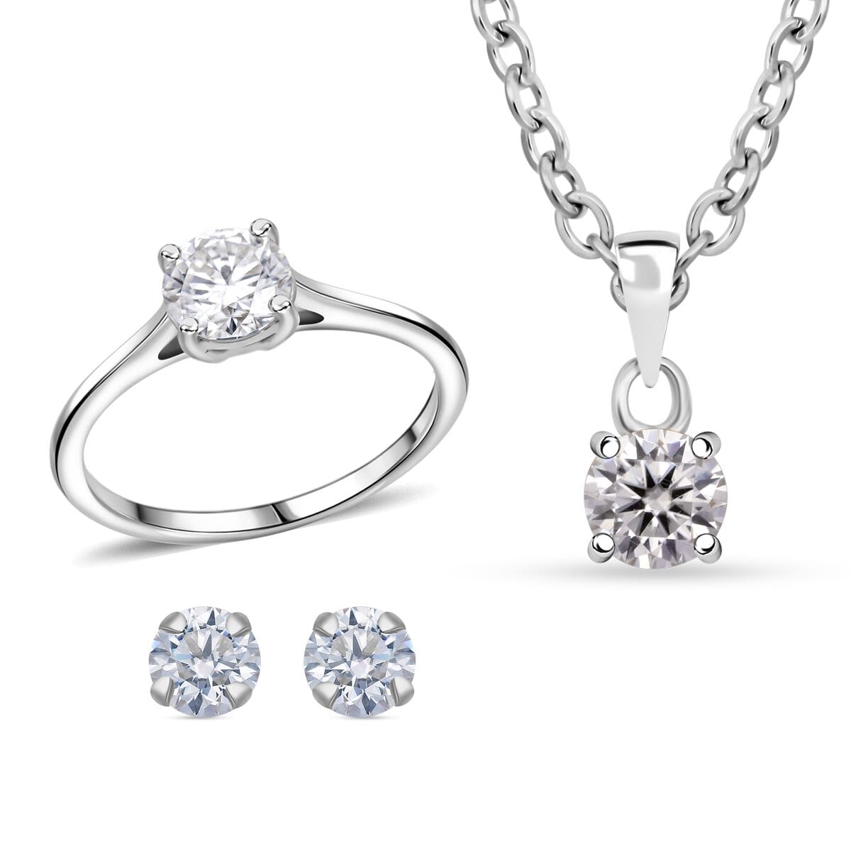 D'Joy Moissanite 2.10 ctw Solitaire Stud Earrings, Ring and Pendant Necklace 20 Inches in Rhodium Over Sterling Silver image number 0