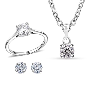 D'Joy Moissanite 2.10 ctw Solitaire Stud Earrings, Ring (Size 7.0) and Pendant Necklace 20 Inches in Rhodium Over Sterling Silver  Necklace 20 Inches in stainless steel
