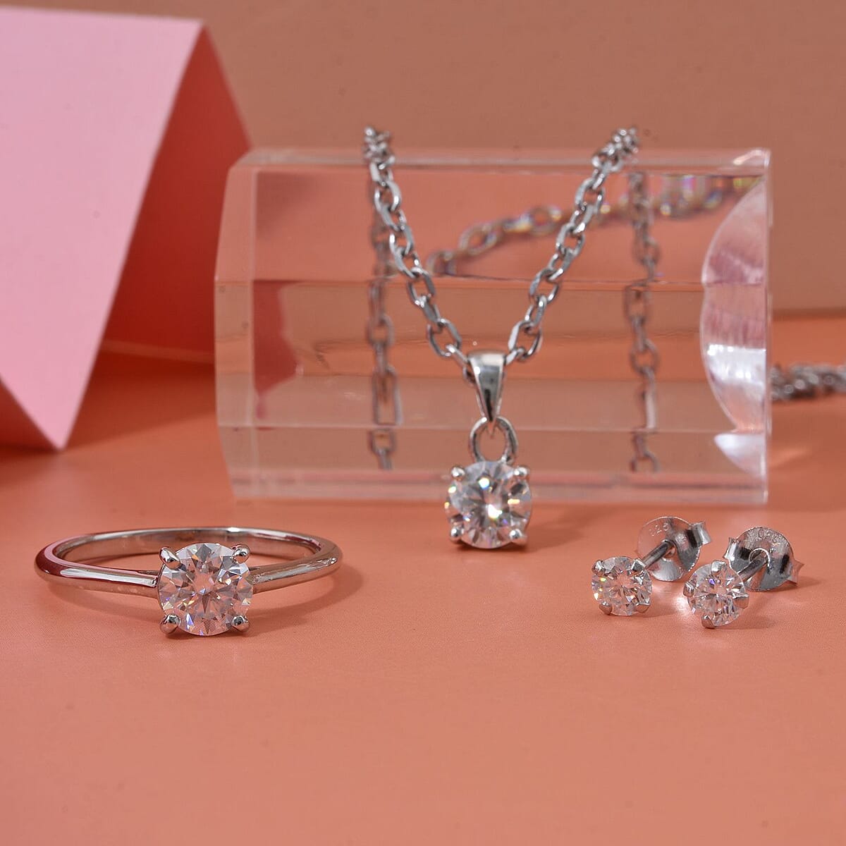 D'Joy Moissanite 2.10 ctw Solitaire Stud Earrings, Ring (Size 9.0) and Pendant in Rhodium Over Sterling Silver with Stainless Steel Necklace (20 Inches) image number 1