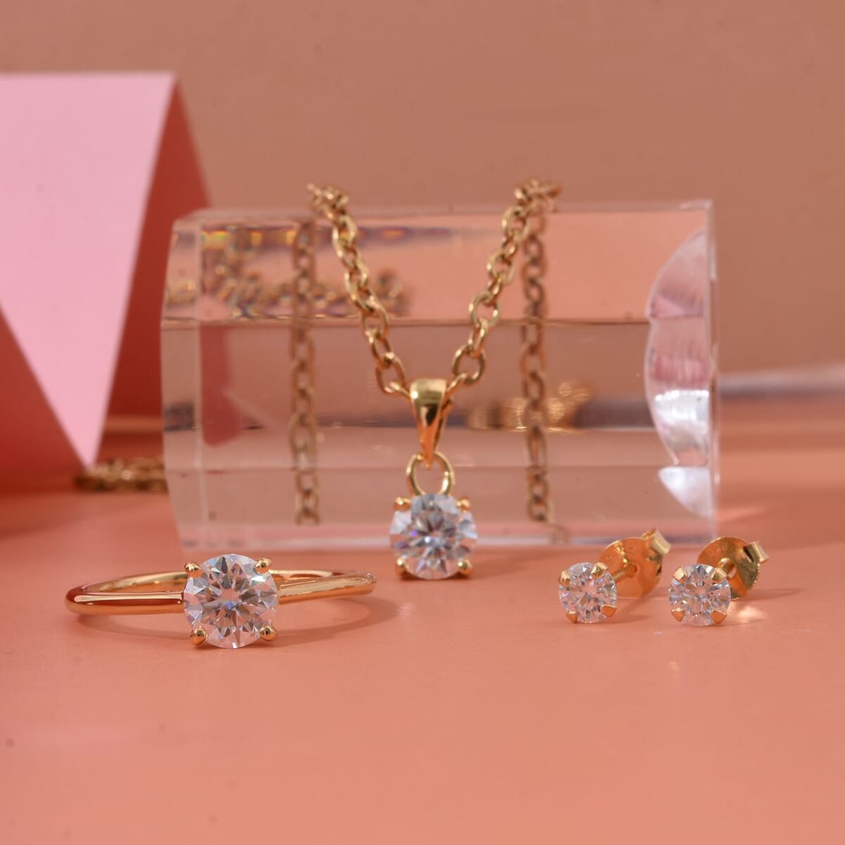 D'Joy Moissanite 2.10 ctw Eternal Spark Collection Solitaire Stud Earrings, Ring (Size 5.0) and Pendant Necklace 20 Inches in 18K Vermeil Yellow Gold Over Sterling Silver image number 1